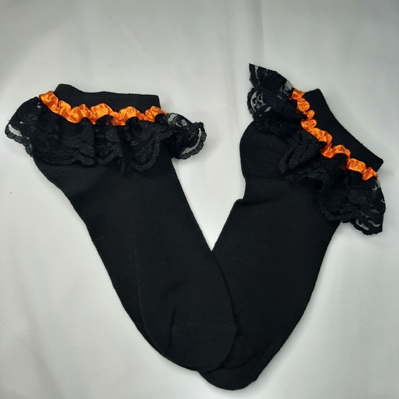 Low Cut White Socks with Black Lace & Orange Satin. - Picture 1 of 2